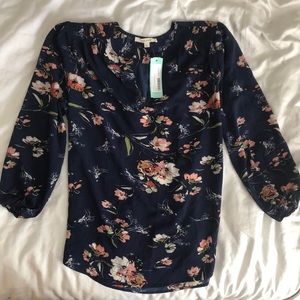 NWT Fun2Fun Womens Kenmore Split Neck Blouse Navy Large 3/4 sleeve